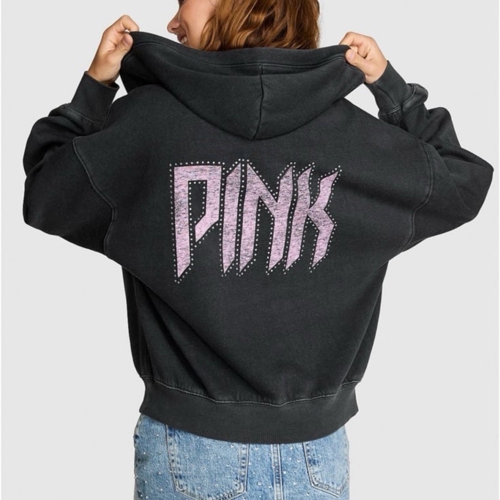 VICTORIA SECRET PINK SWEATSHIRT HOODIE BLACK BAND BLING FASHION SHOW 2025 TWICE